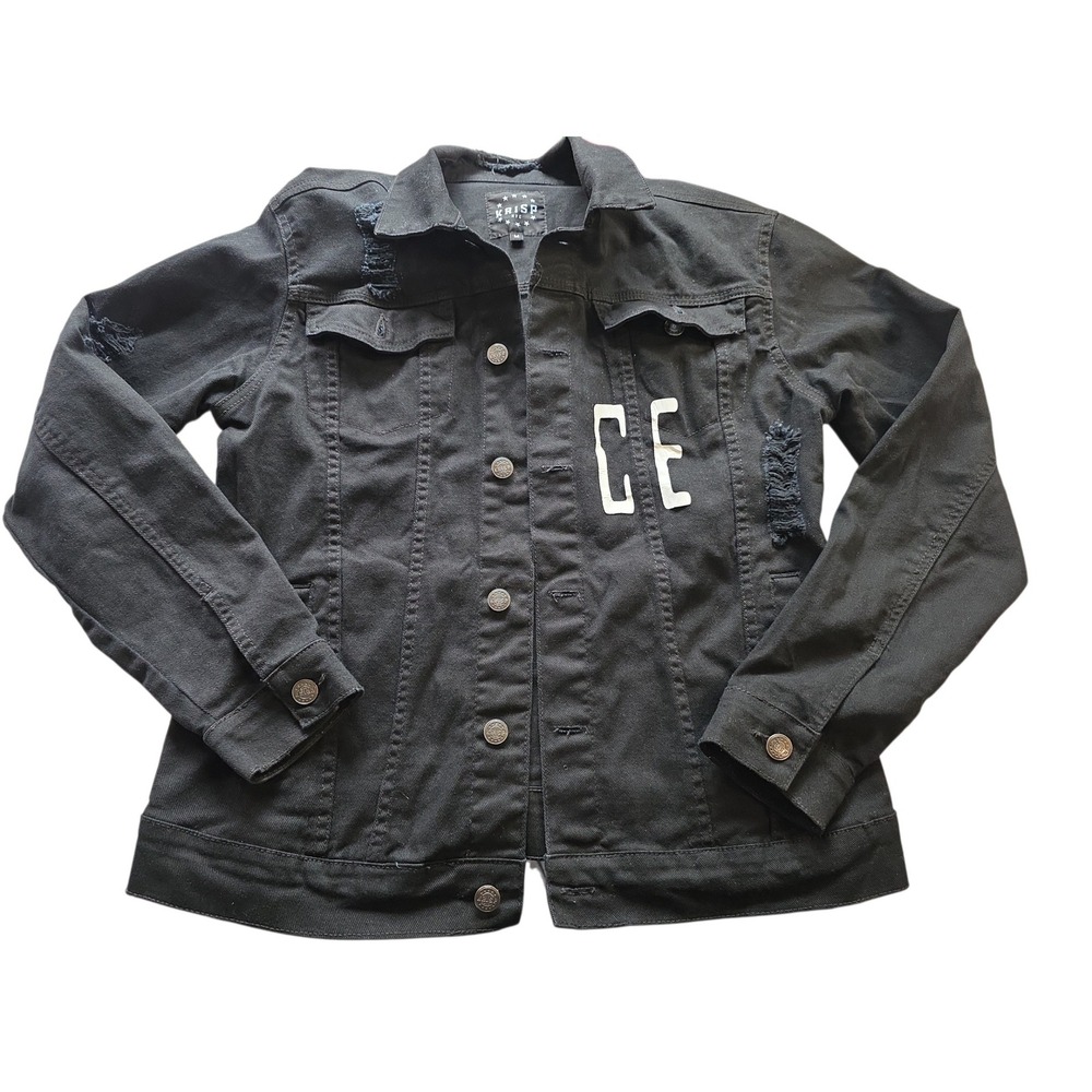 Krisp NYC Distressed Skull Graphic Close Enemies Black‎ Denim Jacket M Unisex